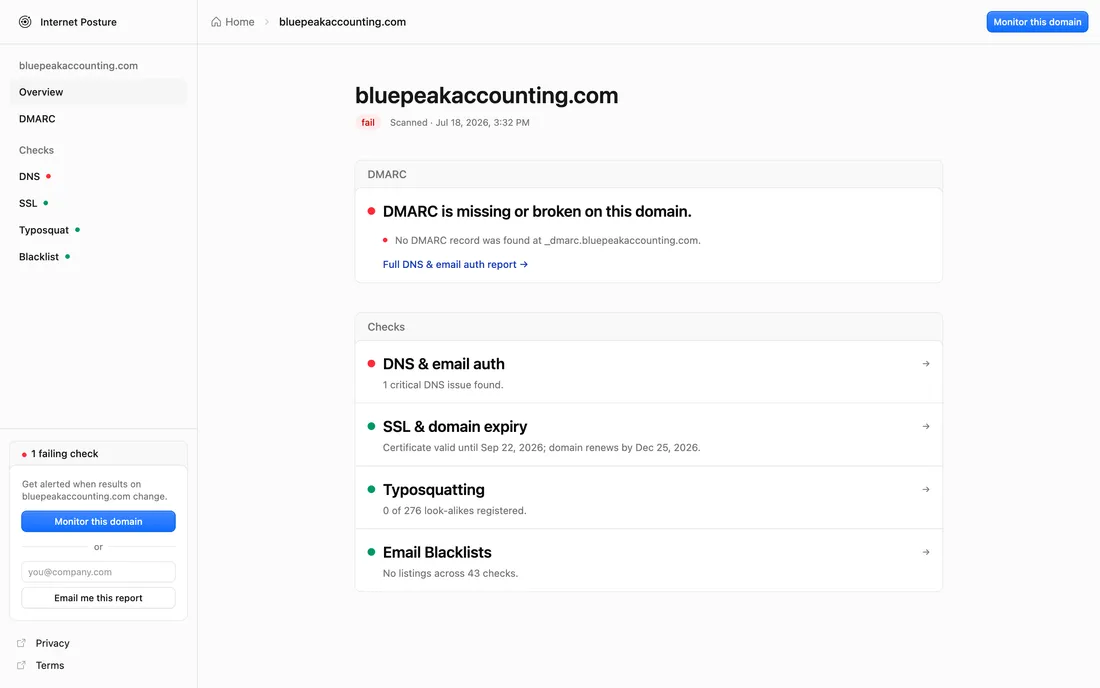A public scan report for a domain with a failing DMARC check called out at the top, followed by DNS and email auth, SSL and domain expiry, typosquatting, and email blacklist results.