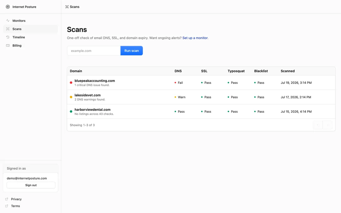 The Scans screen: a run-scan form and a list of recent scans with per-domain status dots and check badges.